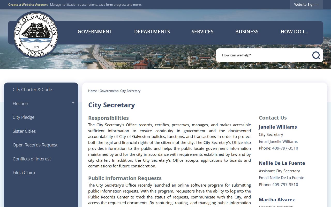 Galveston residents directory City Secretary records page