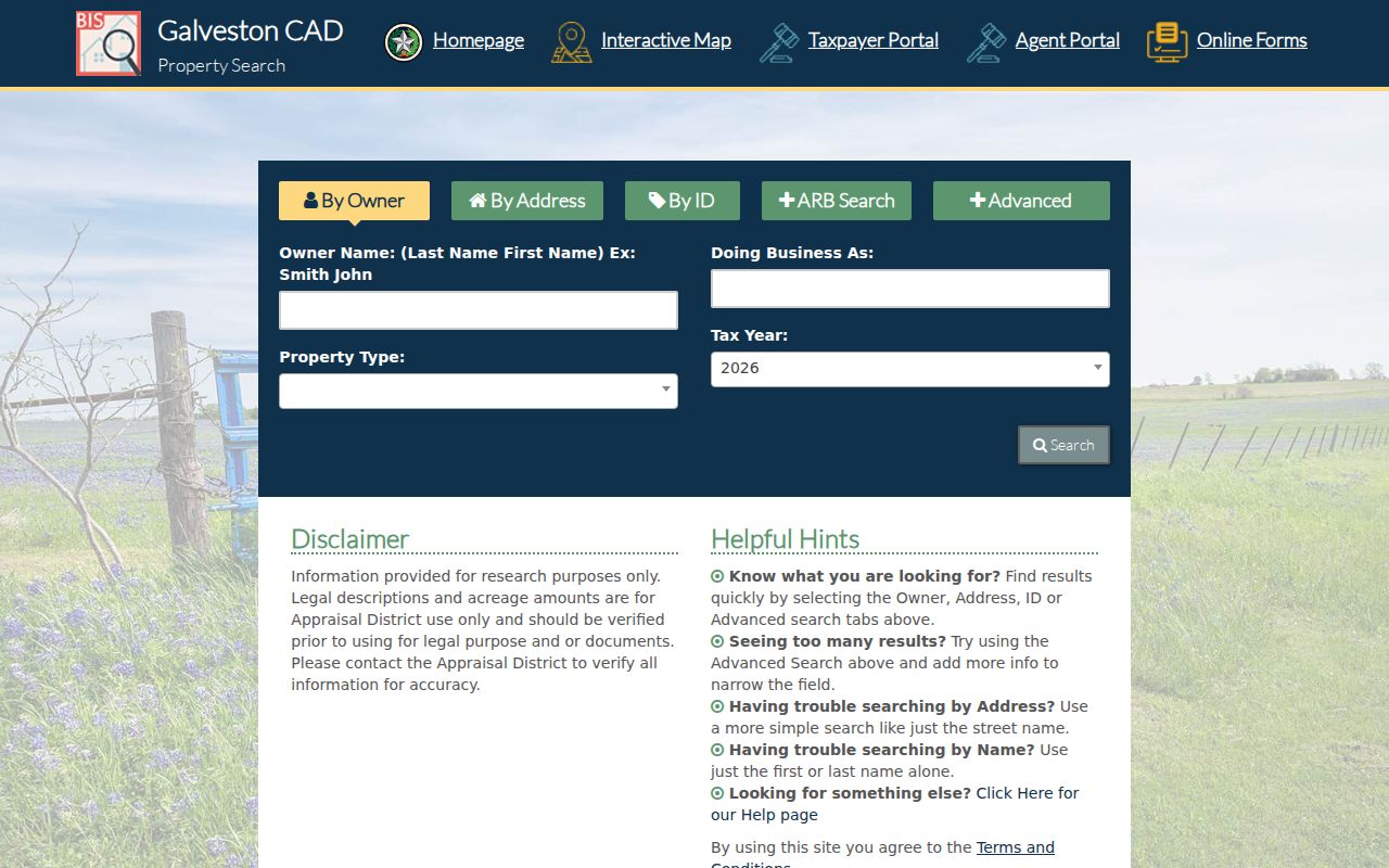 Galveston residents directory GCAD property search interface