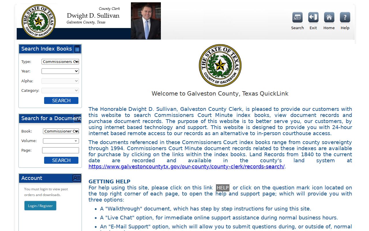 Galveston previous residents County Clerk historical index search