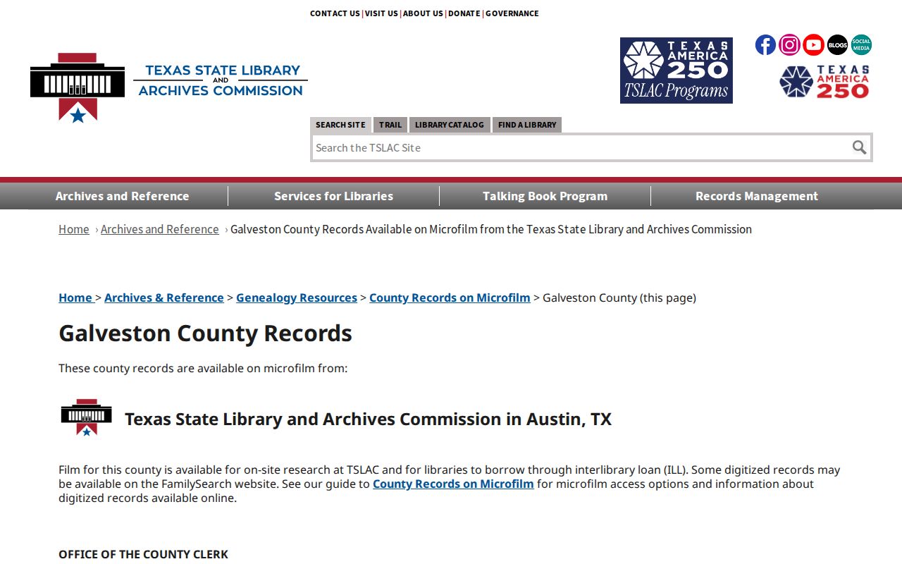 Galveston previous residents Texas State Library archival records inventory