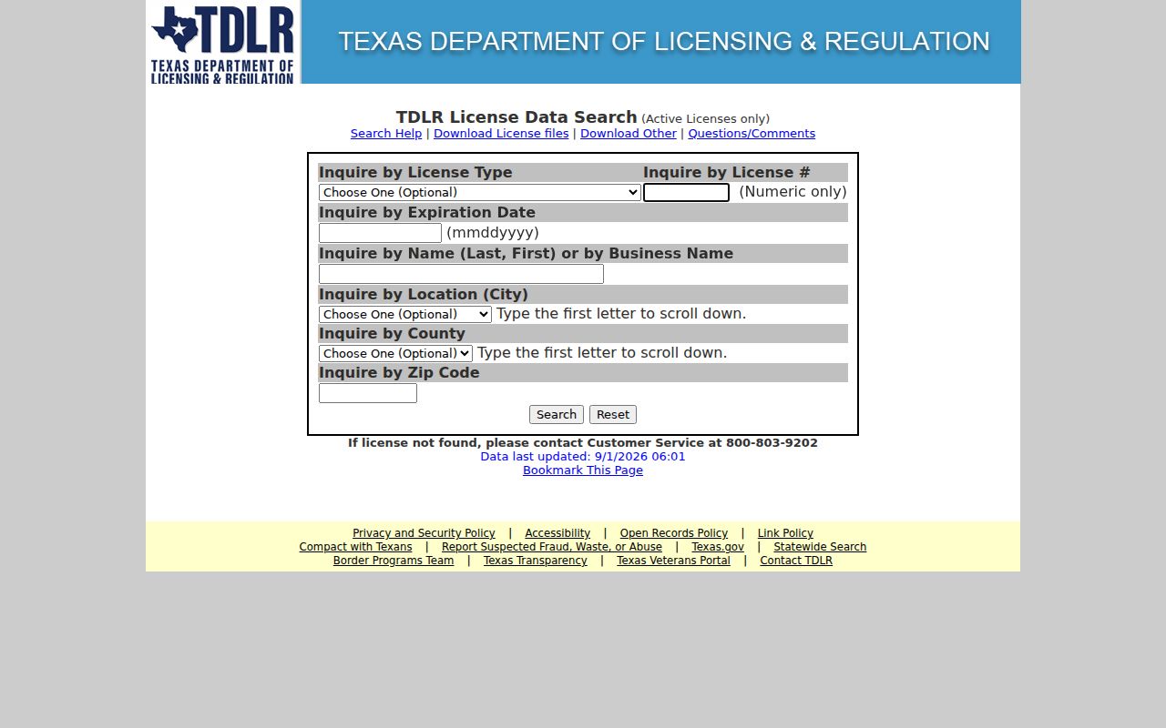 Galveston resident lookup Texas professional license search